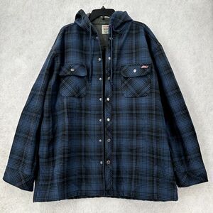 Dickies Plaid Shacket Blue Black Snap Hooded Jacket Coat Fleece Lined XL (46-48)